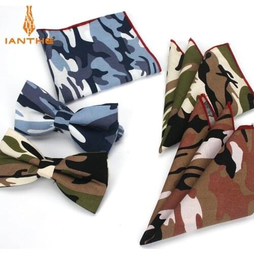 New 2 PCS Mens Cotton Adjustable Suit camouflage Bow Tie Sets Bowtie Handkerchief Pocket Square Set Wedding Party Butterfly