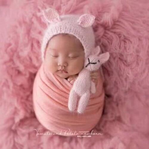 Angora Tunny Hat Teddy Bear Bonnet and doll set Animal Ears Newborn Hand Knitted bonnet Newborn photography props