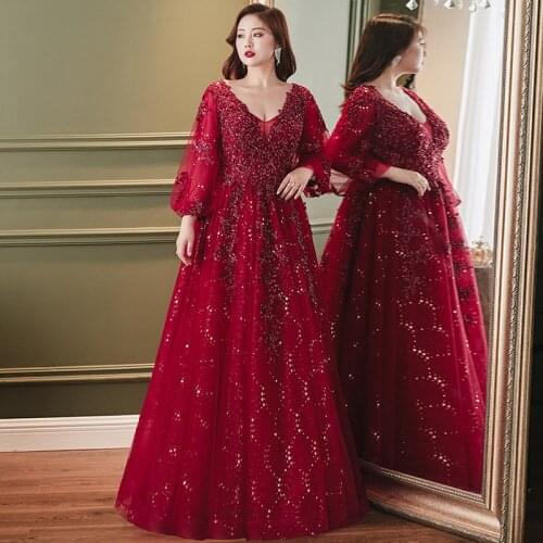 Burgundy Deep V-Neck Evening Dress Full Sleeves Sequins Floor-Length New Backless A-Line New Plus Size Women Formal Gowns D891