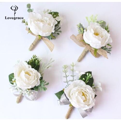 Lovegrace Groom Boutonniere Silk Roses White Pink Boutonniere Wedding Corsage Pin Wedding Witness Corsage Flower Man Accessories