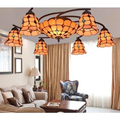 European Baroque Pastoral Ceiling Light Tiffany Round Glass Lampshade lamparas de techo abajur E27 110-240V