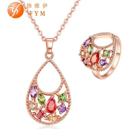 FYM New Fashion Rose Gold color Hollow Water Drop inlay Colorful zircon Pendant Necklace Ring Jewelry set for women personality