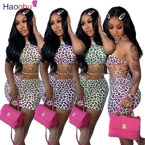 HAOOHU Women Skirts Set Leopard Print Sleeveless Bandage Crop Tops Sheath Elastic Mini Skirts 2 Piece Sets Sexy Club Summer