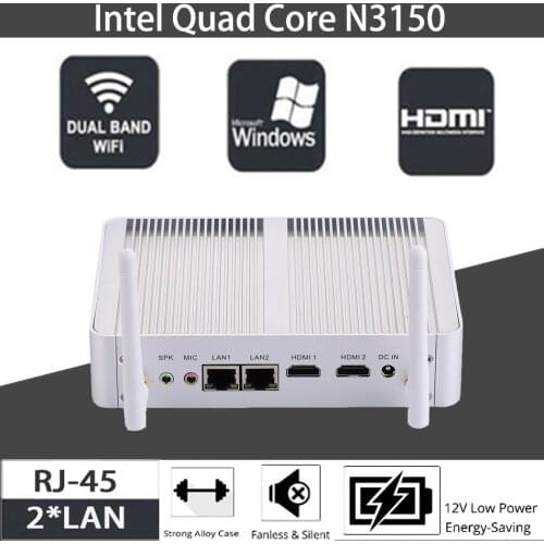 Fanless Mini PC,Intel Celeron N3150,Windows 10/Ubuntu,Silver,[HUNSN BM04L],(WiFi/2HD/4USB3.0/2USB2.0/2LAN)