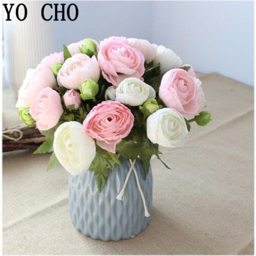 YO CHO Fake Flower 10 Heads Mini Silk Tea Rose Artificial Silk Flower DIY Wedding Bride Bouquet Burgundy Pink Home Decoration