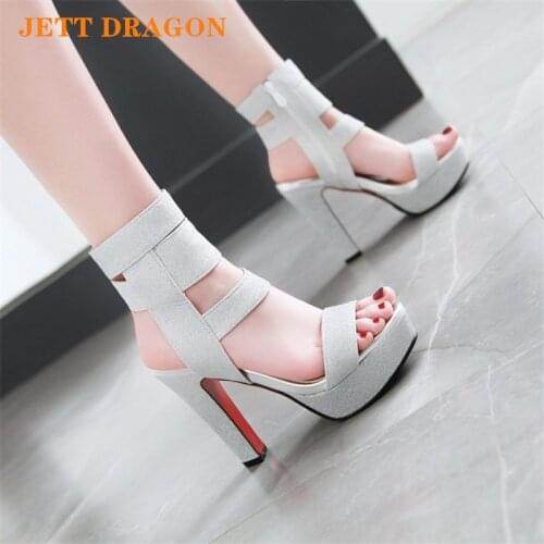 JETT DRAGON Womens Sandals Summer New Style Fashion Solid Sequined Open Toe Zipper Thick Heel High Heel Womens Shoes Plus Size