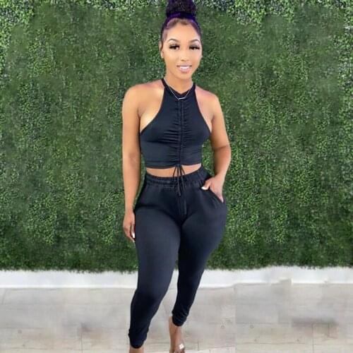 Summer Clothes Two Piece Set Women Sexy Solid Shirring Vest Crop Top+Pants Sets Club Outfits Lounge Streetwear Wholesale Items