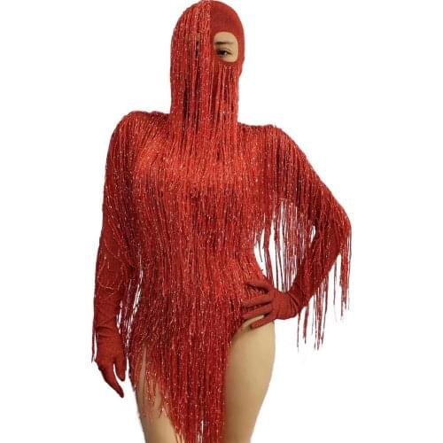 Masked Headdress Long Tassel Bodysuit Women Sexy Stretch Fringes Stage Leotard Halloween Cosplay Costumes Performance Outfits