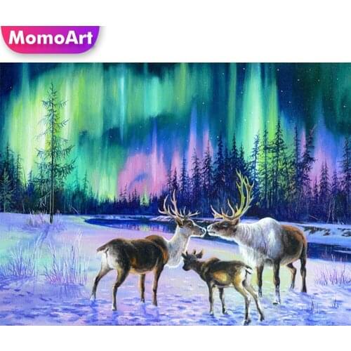 MomoArt Diamond Painting Deer New Arrival Diamond Mosaic Aurora Scenery Full Drill Square Embroidery DIY Winter Home Decor
