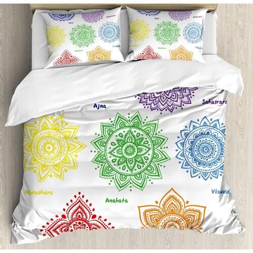Chakra Duvet Cover Set Collection of Symbols in Different Colors with Ornate Round Mandala Asian Print Bedding Set Multicolor