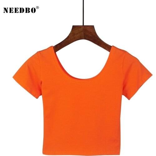 NEEDBO Fashion O-Neck Sexy Crop Top Women Femme Short Sleeve T shirt Top Cotton High Waist Slim Casual Lady Short Women Tshirt