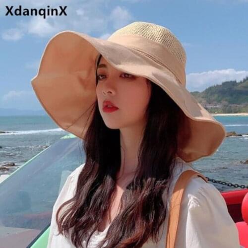 XdanqinX New Summer Womens Panama Hat Big Eave Sun Hats Female Beach Hat Foldable Wind Rope Fixed Women Travel Sunscreen Hat