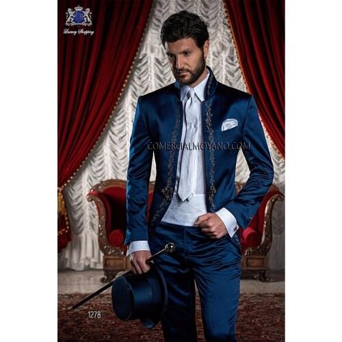 Latest Coat Pant Designs Navy Blue Embroidery Satin Men Suit Custom Italian Blazer Slim Fit 2 Piece Prom Gentle Tuxedo Masculino