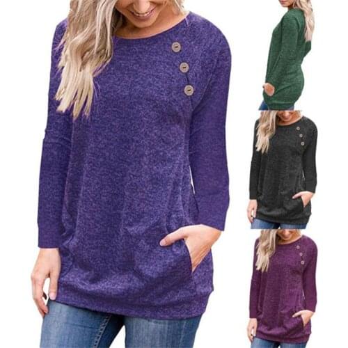 Autumn Pocket Button Decoration Casual T-shirt Womens O-neck Long Sleeve Solid Top Fashion Street Plus Size Ladies Tees 3XL