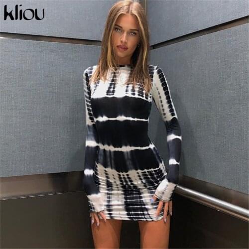 Kliou Party Style Mini Dress For Women Sheath Print Body-Shaping Midnight Skirt harajuku Long Sleeve O-Neck Street Female Wear