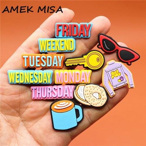 Monday to Weekend Shoe Charms Accessories Coffee Cake Sunglasses Golden Key Shoe Buckle Decorations fit Kids X-mas Party Gifts