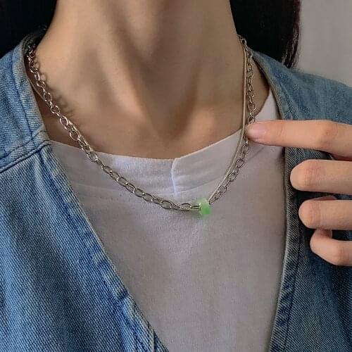 SHIXIN Simple Layered Snake Chain Light Green Stone Pendant Necklaces for Women/Men Trendy Necklaces Collar Neck Fashion Jewelry