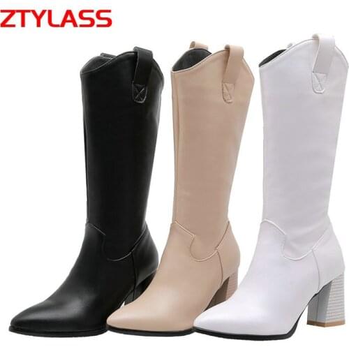 Black White Apricot Women Boots Fashion Zipper Knee High Boots Ladies Square High Heel Western Boots Autumn Winter Shoes Woman