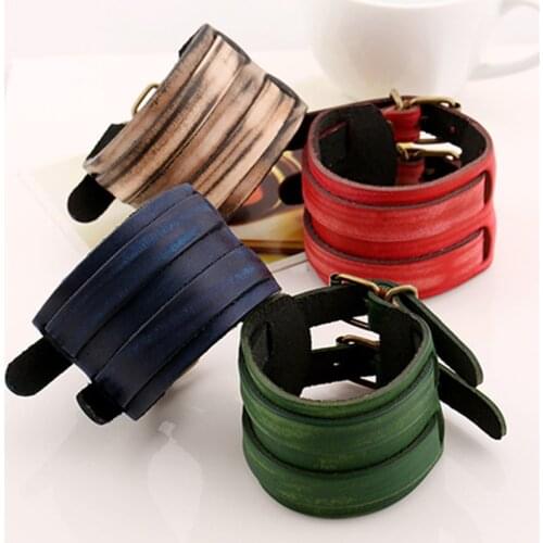 Gypsy Hiphop Hippie Punk Grey Red Vintage Green Dark Navy Blue Brown Real Leather Charms Wide Wrap Layers Bracelets Bangles Man