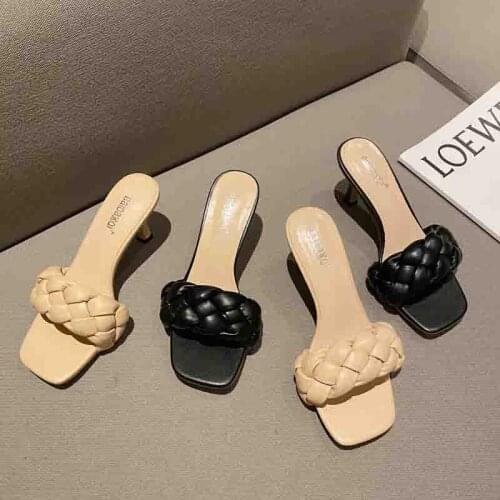 New Design Weave Women Slipper Ladies Thin High Heel Sandal Open Toe Slip On Summer shoes Outdoor Slides Flip Flop Shoes