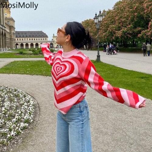 MosiMolly Red Heart Sweater Pullovers Jumper Women Rainbow Knits Sweater Knitting Sweater 2021 AW
