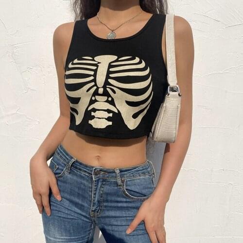 Summer Womens Rib Knit Crop Top Skeleton Print Stylish Sleeveless Vest Exposed Navel Ladies Skinny Short Tank Top Camisole