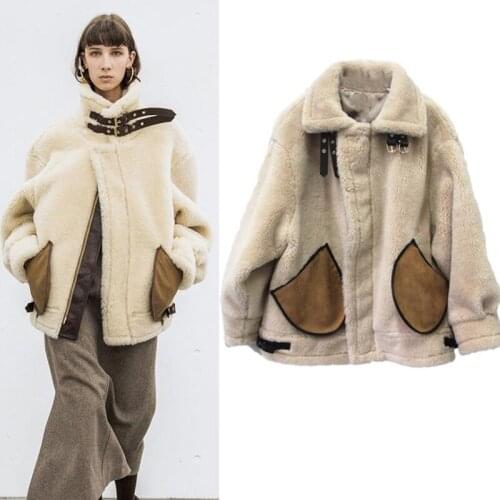 Vintage Retro Fashion Winter Women Sheepskin Faux Fur Coats Ivory Imported Warm Fleece Automotive Woman Faux Fur Coats A293