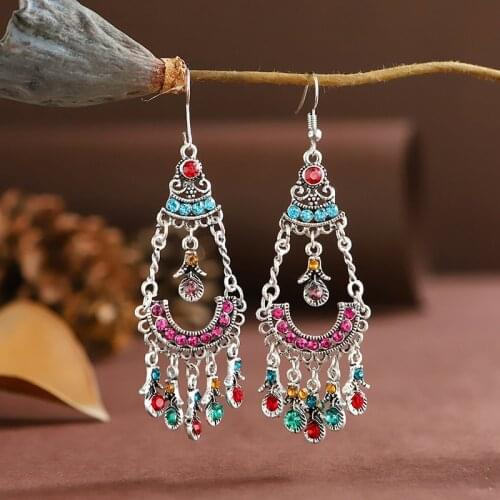 Vintage Bollywood Jewellery Ethnic Corful Crystal Earrings Silver Color Geometry Earrings Wedding Jewelry