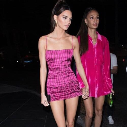 YT 2021 Neon Pink Zebra Print Sexy Club Dress Kendall Jenner Spaghetti Strap Mini Summer Bodycon Bandage