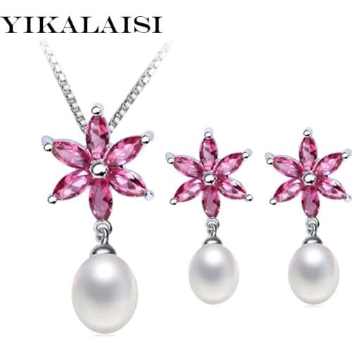 YIKALAISI 925 sterling silver jewelry 100% natural freshwater pearl choker jewelry pendant drop earrings sets for women