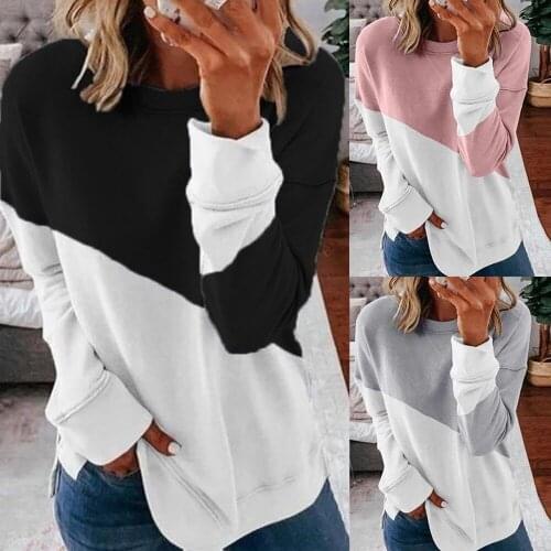 2021 Ladies Tshirt Long Sleeve Pathwork Women Hoodies T-Shirt Black-White Tops Fall Spring Round Neck Female T-Shirt D30