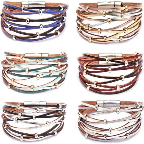 Womens Hand Accessories 10 Multi Layer Wind Leather Wristband Wide Wrap Bracelet Femme Magnet Buckle Jewelry Gift 2020
