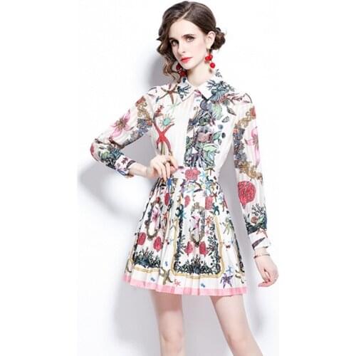 2021 summer Women Fashion Printed Two Piece Set Casual long Sleeve Shirt Tops + Skirts sets