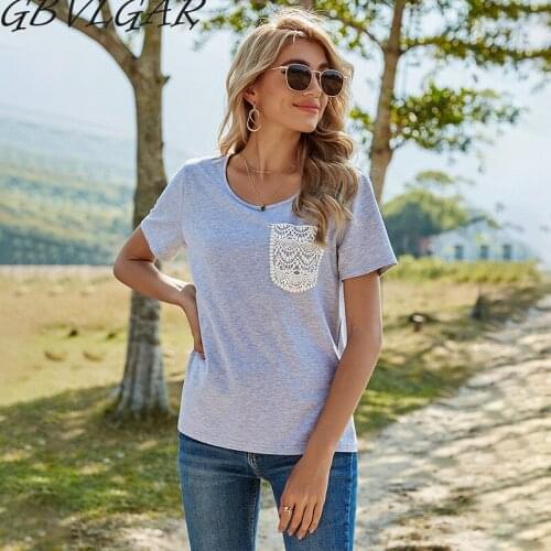GBVLGAR Women Fashion Solid Gray Slim Summer All-Match Top Ladies Casual Lace Print Front O-Neck Short Sleeve Pullover T Shirts