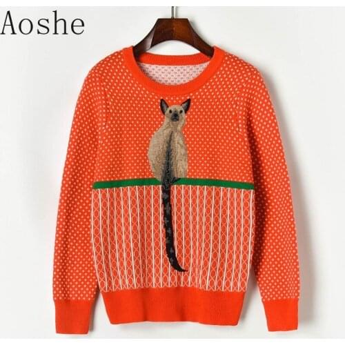 Womens Pullover Sweater 2020 Autumn Winter Hit Color Geometric Squirrel Jacquard Knit Sweater Women O-Neck Casual Female Jumper