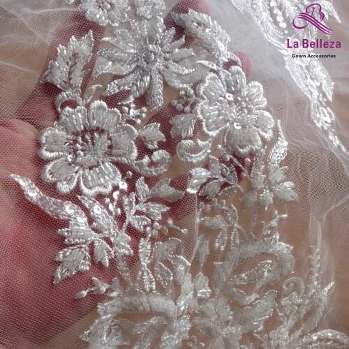 1 yard white bridal fabric, sequins beads embroidery wedding dress lace fabric,two side patterns gown lace,ivory gown lace