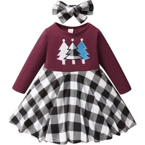 2Pcs Kids Christmas Outfit, Xmas Tree Plaid O-Neck Long Sleeves Loose Dress + Hairband for Girls, 9 Months to 4 Years