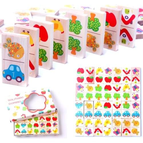 28pcs Wooden Domino Fruit Animal Recognize Blocks Dominoes Games Jigsaw Montessori Children Learning Education Puzzle Baby Toy