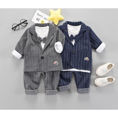 Kids Fall Clothes Gentleman Spring Autumn Baby Boy Striped Suit Childrens Clothing Coat top Pants Tie 3pcs Kids Clothing