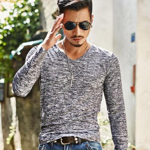 3XL Stretch Vintage Man Tops Spring Summer Casual Man T-shirts V-neck Printed Long Sleeve Shirt Knitted Cotton Slim Shirt