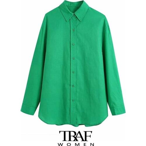 TRAF Za Women Fashion Oversized Green Linen Blouses Vintage Long Sleeve Button-up Female Shirts Chic Tops