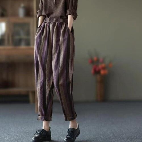 Ladies cotton new retro vertical stripes Torre Harlan pants high waist loose nine casual pants womens summer