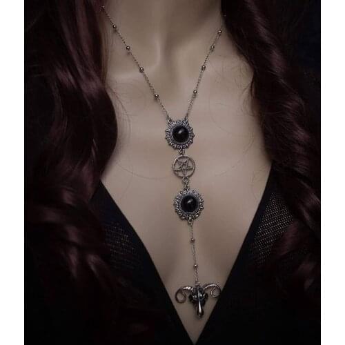 Goat Skull with gemstone pentacle Necklace,long Necklace - Tarot - Goth - Avant Garde - Occult - Witchy
