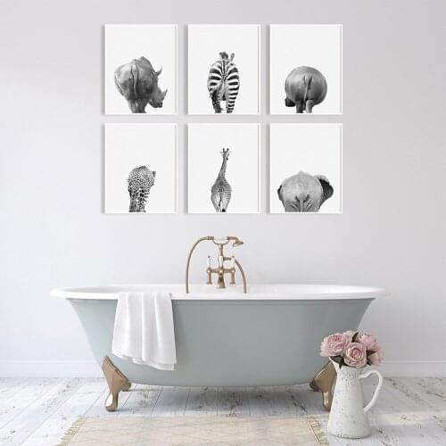 Safari Animal Butt Black White Wall Art Canvas Painting Poster Prints Elephant Giraffe Zebra Pictures For Bathroom Nursery Room