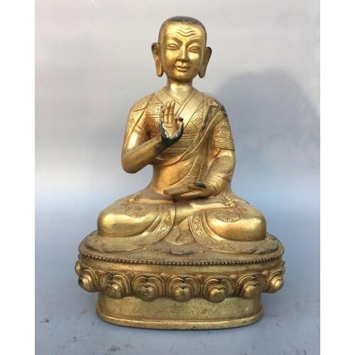Home Decor 11" Tibet Buddhism Temple Old Bronze Gilt Guru Buddha Statue Shakyamuni Buddha Statue Amitabha