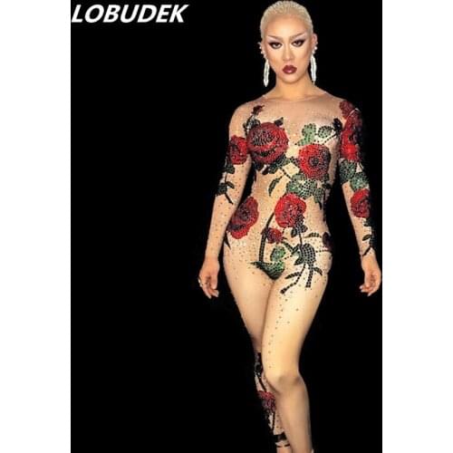 Rose Crystals Jumpsuits Female DJ DS performance costumes Singer Dancer Nightclub stage wear sexy Rhinestones Leotard Jumpsuit