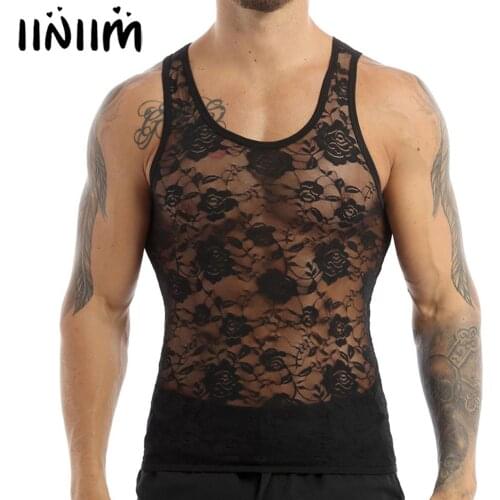 Mens Sissy See Through Sheer Lingerie Sexy Lace Mesh Muscle Fitted T-shirt Top Homme Sleeveless Club Undershirt Gay Exotic Tanks