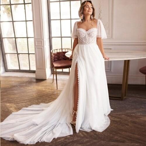 2021 Latest Graceful Ivory Lace Wedding Dresses Side Split Illusion Neckline Wedding Gowns Half Sleeves Bridal Dresses On Sale