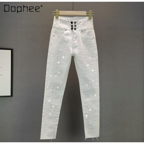 2021 New Spring Womens White Skinny Rhinestone Jean Ladies Cotton Elastic Slim Ankle Length Pencil Pants