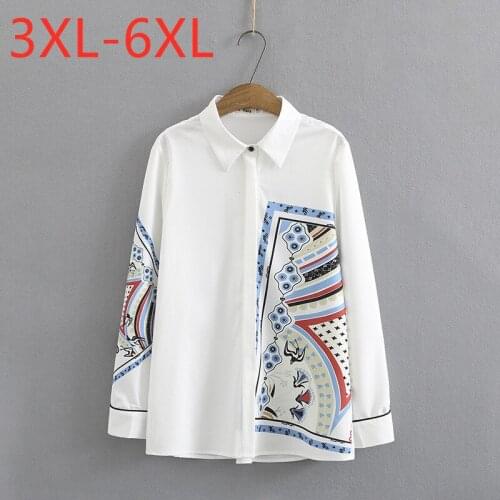New 2021 Ladies Spring Autumn Plus Size Top For Women Large Long Sleeve Loose Casual White Print Chiffon Shirt 3XL 4XL 5XL 6XL